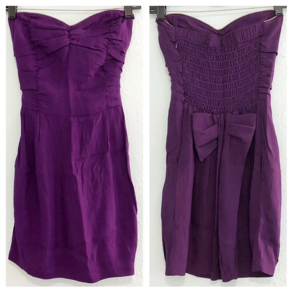 Myne Purple Gold Silk Strapless Mini Short w/ a Bow Dress 2